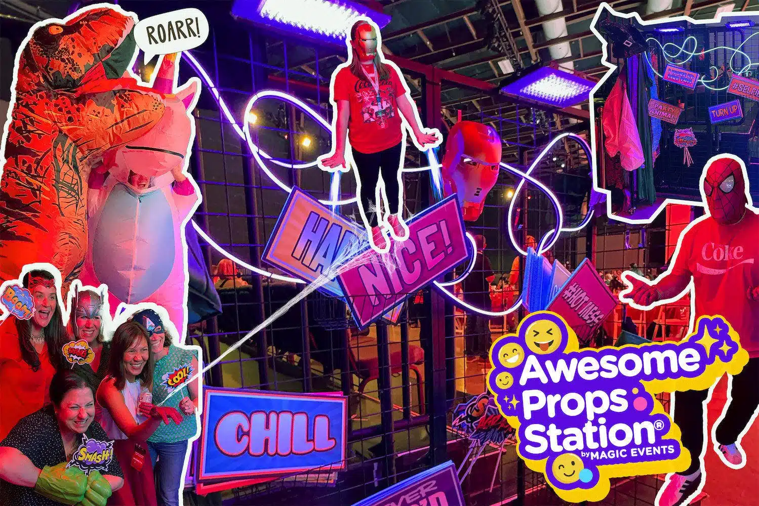 Guests Having Fun with Magic Events Photo Booth Guests enjoying the Magic Events photo booth with the Awesome Props Station® at a lively event.